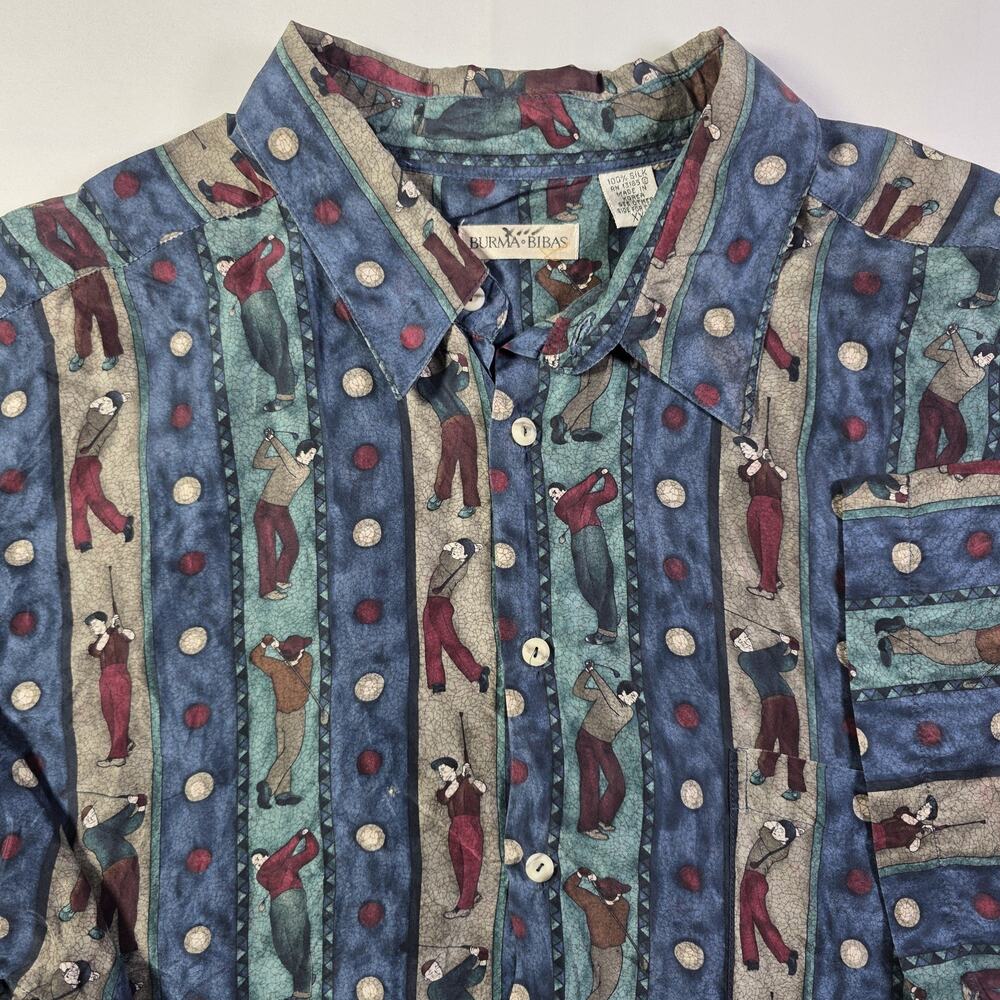 Vintage Burma Bibas Golf Shirt Mens XXL Golfer Print 100% Silk Button Up 90s